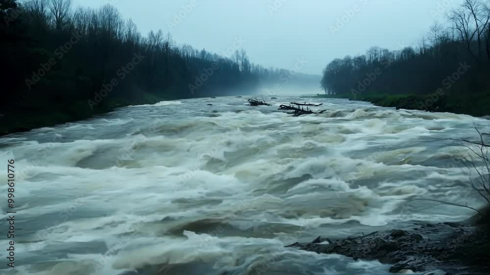 Poster river overflowing after heavy rain floods forest on cold, foggy morning, creating dangerous situatio