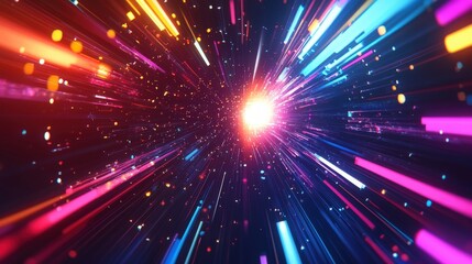 Fototapeta premium Colorful abstract 3D background with bright neon rays and glowing lines, showcasing a dynamic spectrum of light and energy