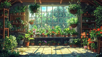 whimsical cozy cute cartoon A vibrant greenhouse filled with various plants, flowers, and sunlight streaming through large windows, creating a serene atmosphere.