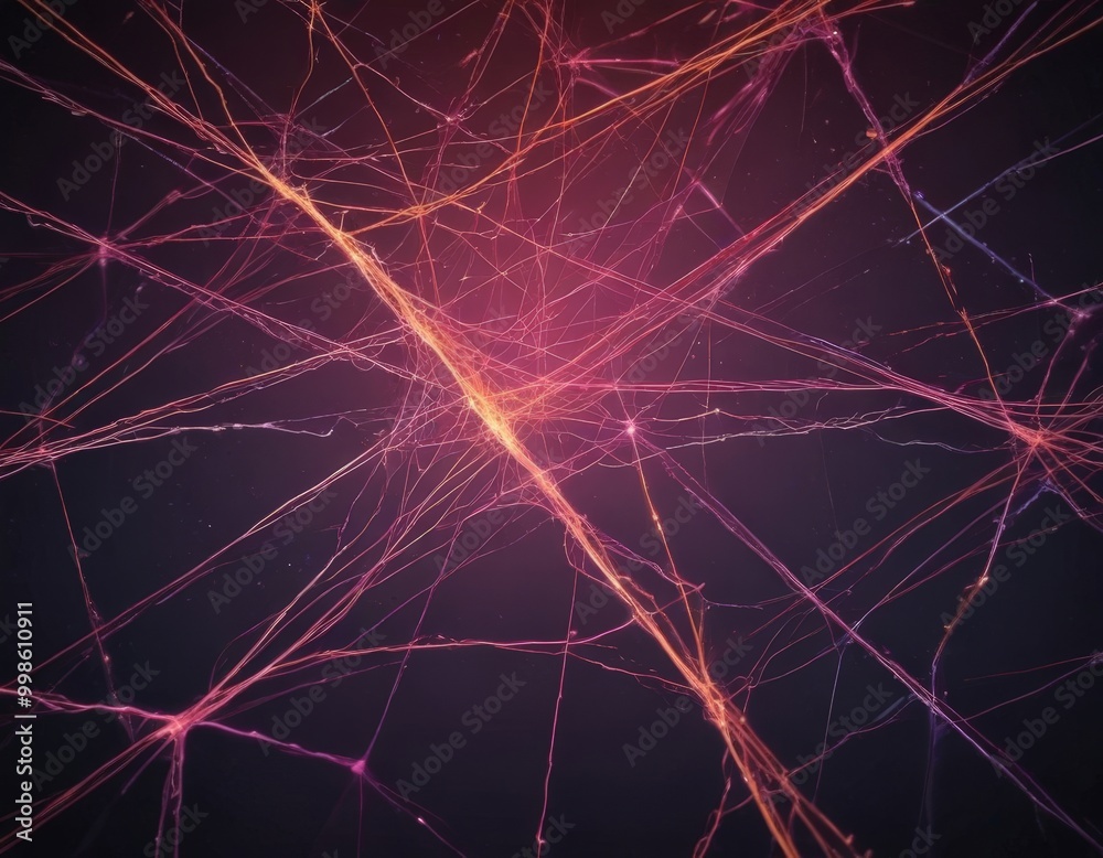 Poster a complex network of intersecting lines and strands, creating a visually striking abstract pattern The lines vary in color, with some appearing to be