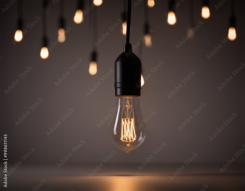 Poster A single light bulb hangs from a black fixture, casting a warm glow against a dark background with a row of similar light bulbs suspended above