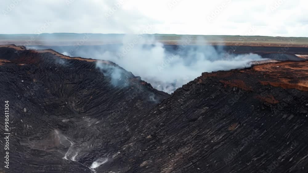 Poster aerial view of a massive volcanic crater billowing with fumes inside a caldera, showing solidified l