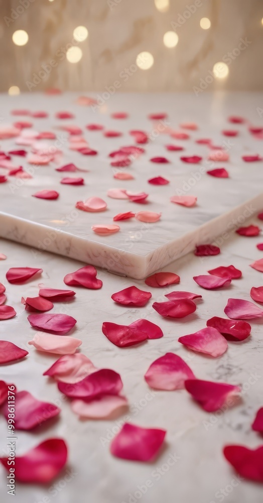 Poster a marble surface adorned with a scattering of pink and red rose petals, creating a romantic and sere