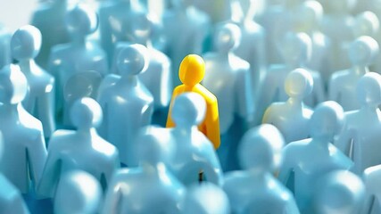 Yellow figure distinct among white crowd, representing the concept of finding the right person in HR, business strategy, and organizational psychology	