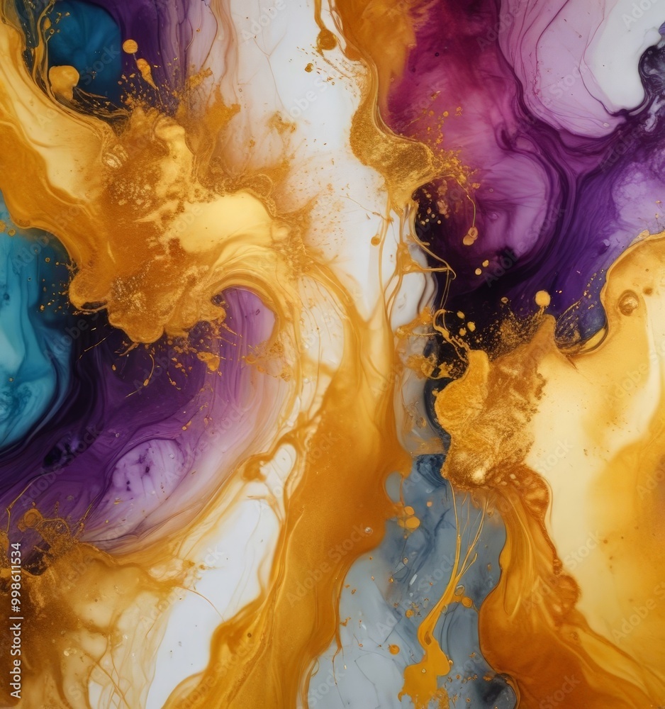 Aufkleber an abstract painting with swirling patterns of gold, purple, and blue colors, creating a dynamic and