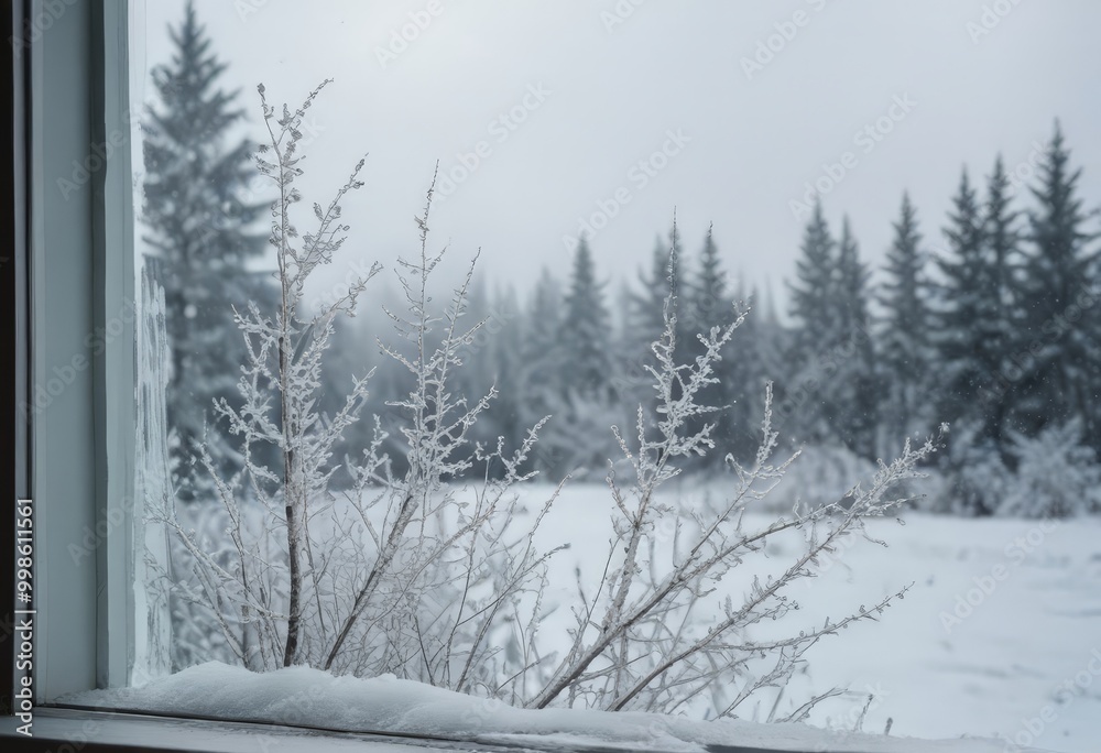 Poster A frost-covered tree branch with snow-dusted tips is visible through a window, with a snowy field and pine trees in the background