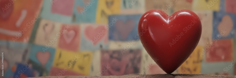 Poster a red heart-shaped object stands out against a background of colorful heart-shaped tiles