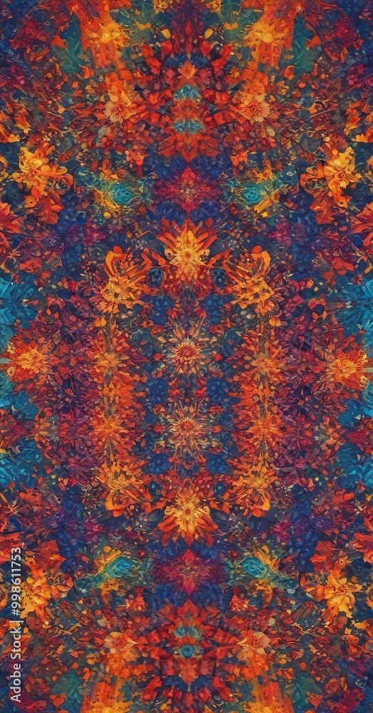 Aufkleber a vibrant, kaleidoscopic pattern composed of overlapping and interlocking shapes in a variety of bright colors, including shades of orange, blue, and green The pattern creates