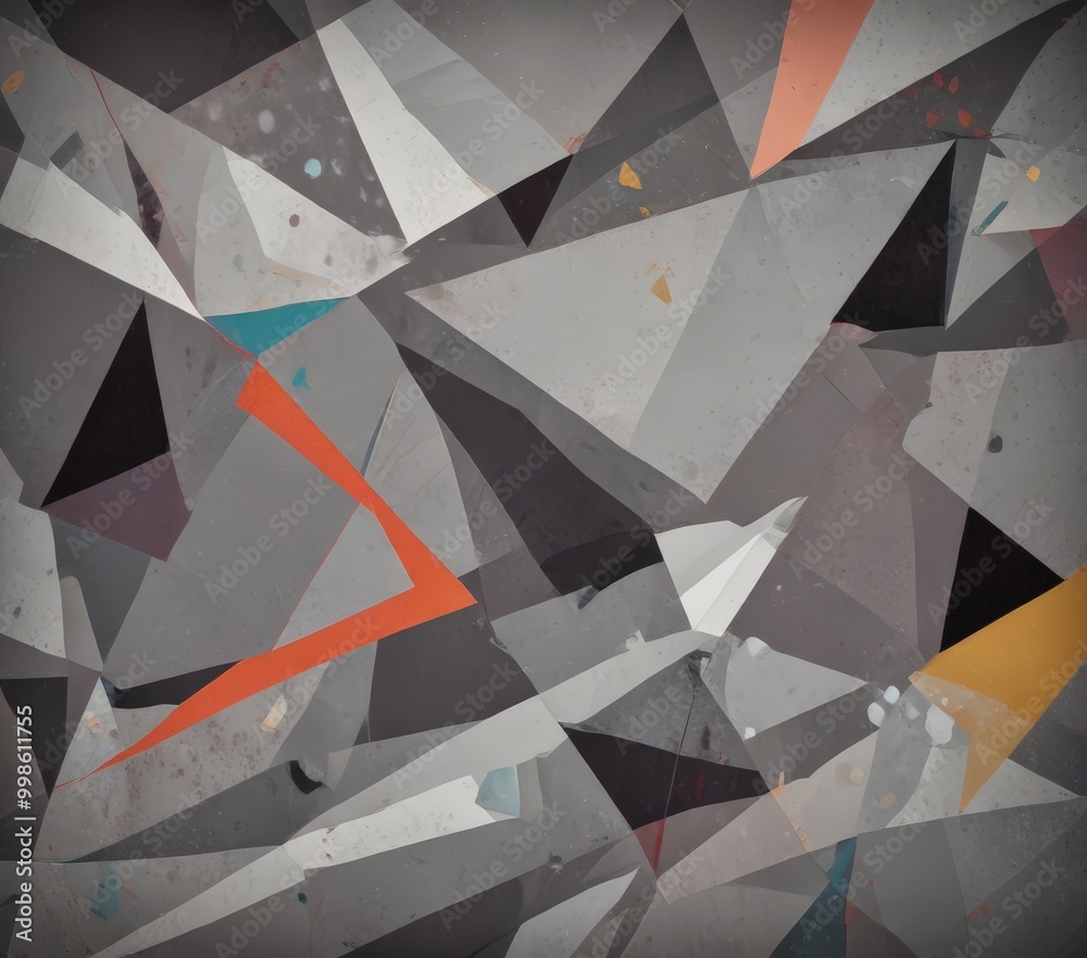 Poster an abstract composition featuring a variety of geometric shapes in shades of gray, black, orange, and white, creating a visually striking and dynamic pattern