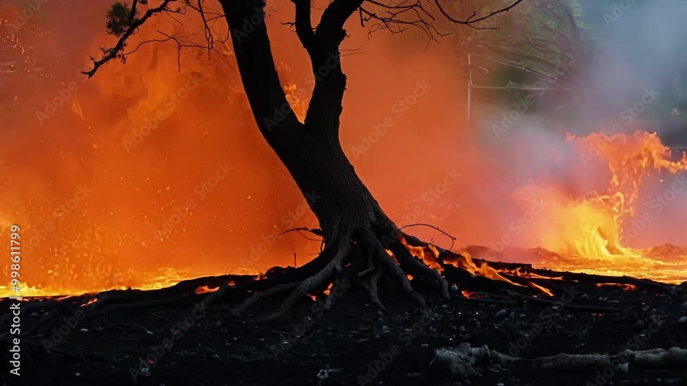 Poster raging wildfire consumes a tree in a field, with flames casting an apocalyptic glow and smoke billow