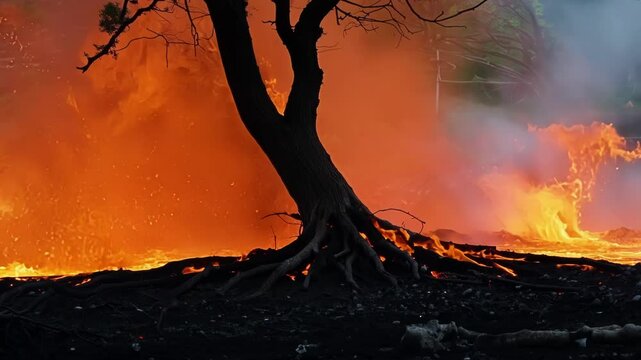 Raging wildfire consumes a tree in a field, with flames casting an apocalyptic glow and smoke billowing into the sky, showing the impact of climate change