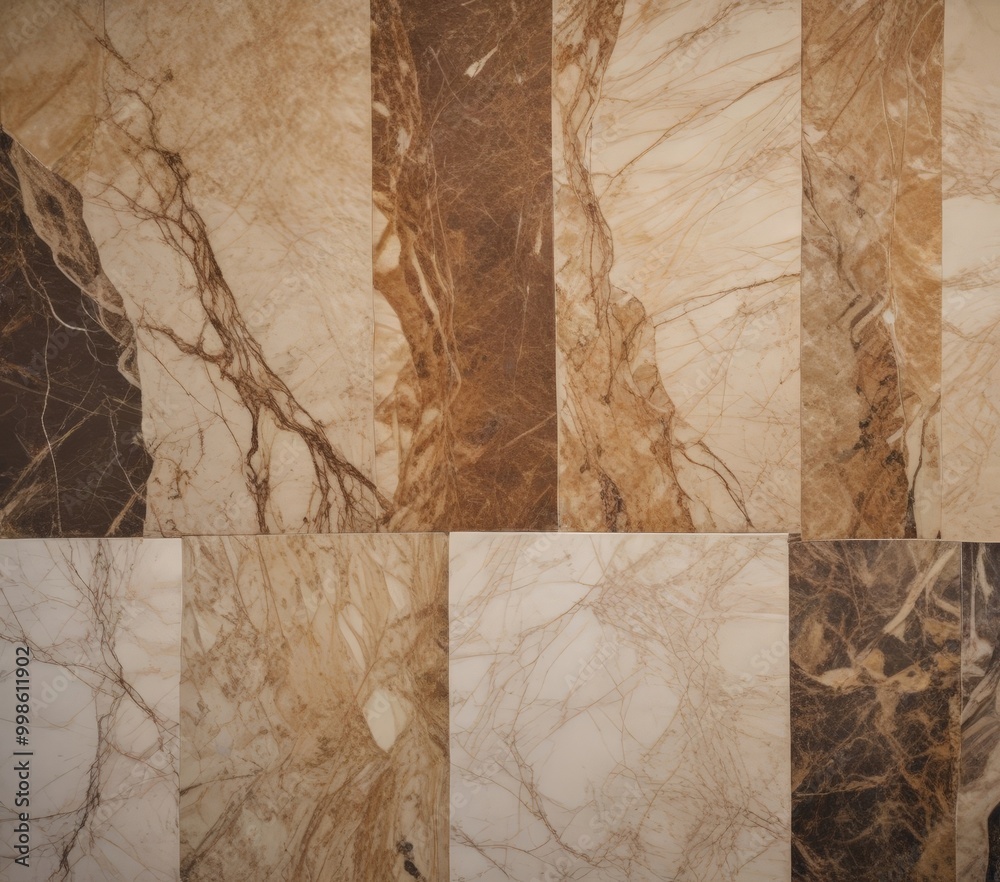 Poster a close-up view marble tile wall, with each tile displaying a unique pattern of brown and white marble