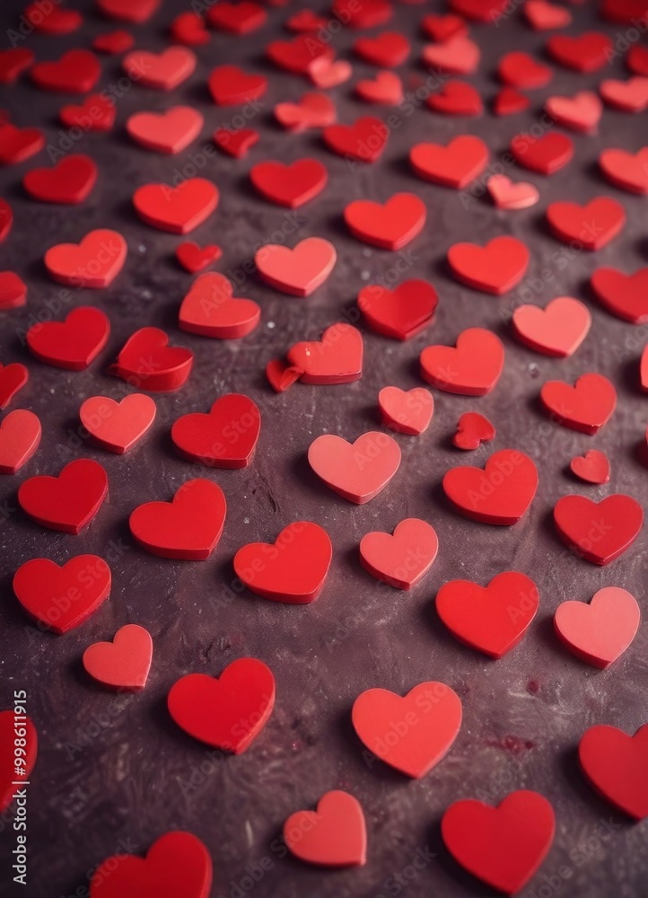 Poster A close-up view of numerous red heart-shaped objects scattered across a dark background, creating a visually striking and romantic composition