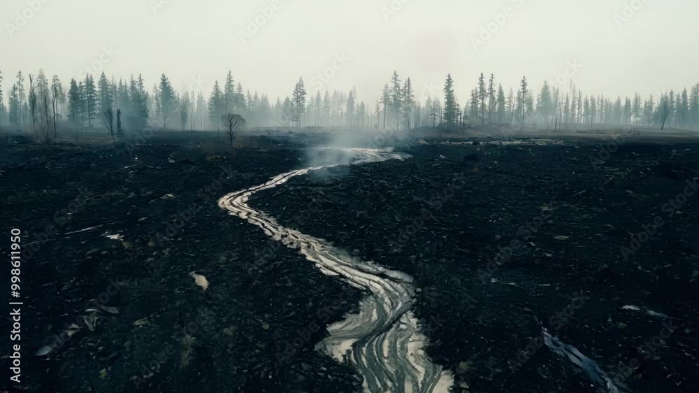 Poster water is flowing through a desolate and scorched landscape, leaving trails of destruction in its wak