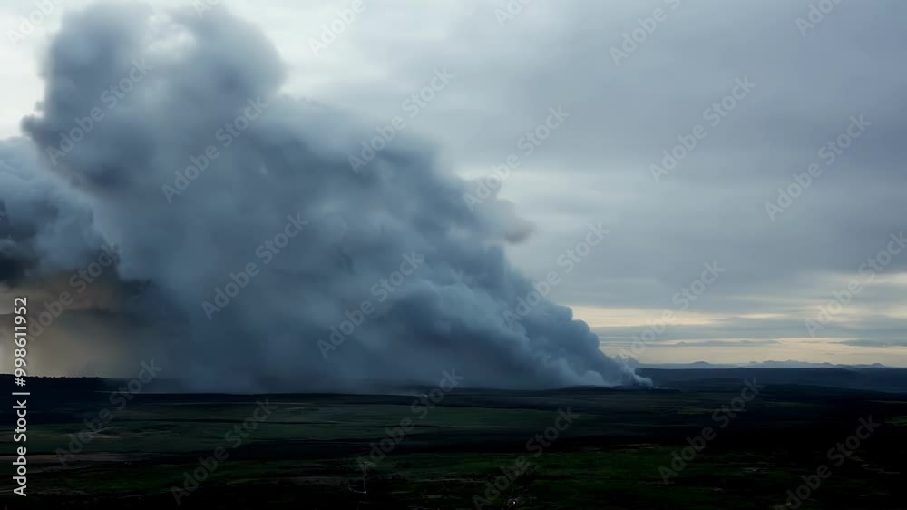 Poster massive wildfire burns, creating a huge plume of smoke, engulfing everything in its path