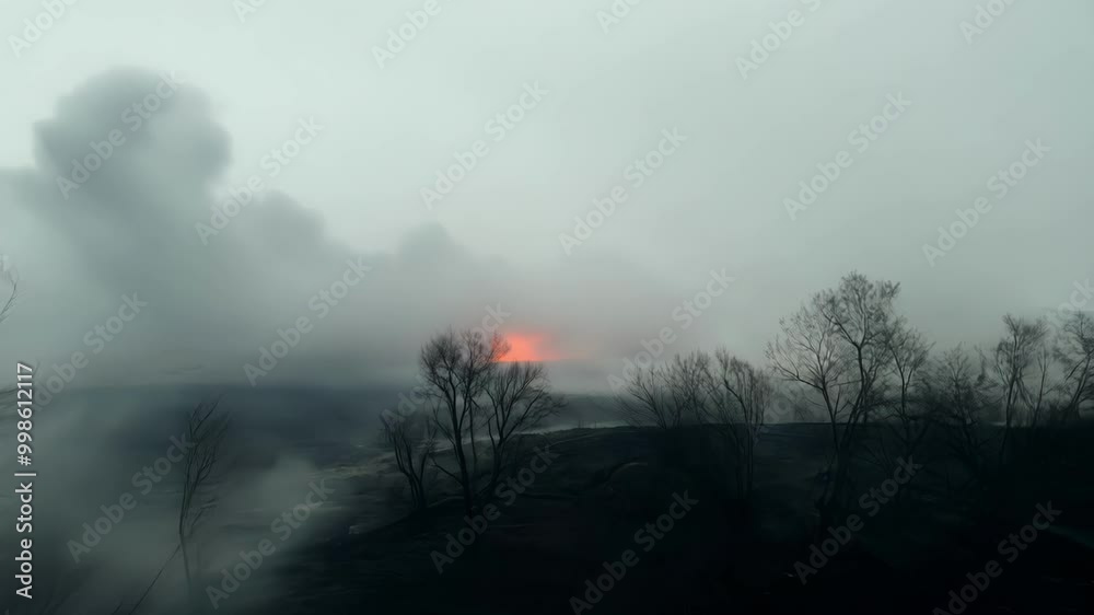 Poster Smoke rising from the ground where trees are standing burned and bare following a forest fire, creating a bleak and desolate scene