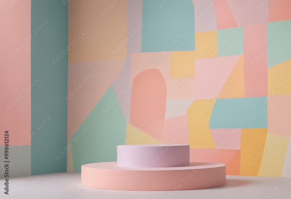 Poster a minimalist stage with a pink and white circular platform, set against a vibrant abstract wall with