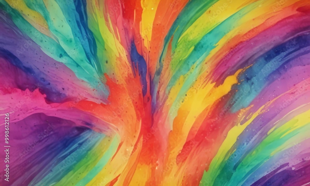 Poster a vibrant abstract painting with a rainbow-like color palette, showcasing a dynamic and energetic co