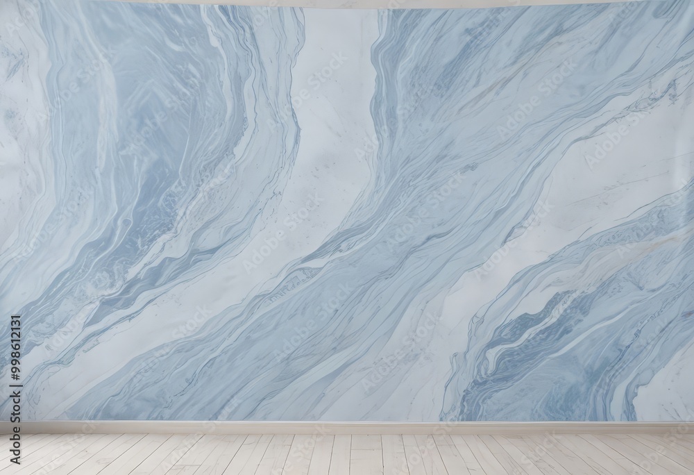 Poster a large, abstract blue and white marble wall mural with swirling patterns and textures, creating a sense of movement and depth