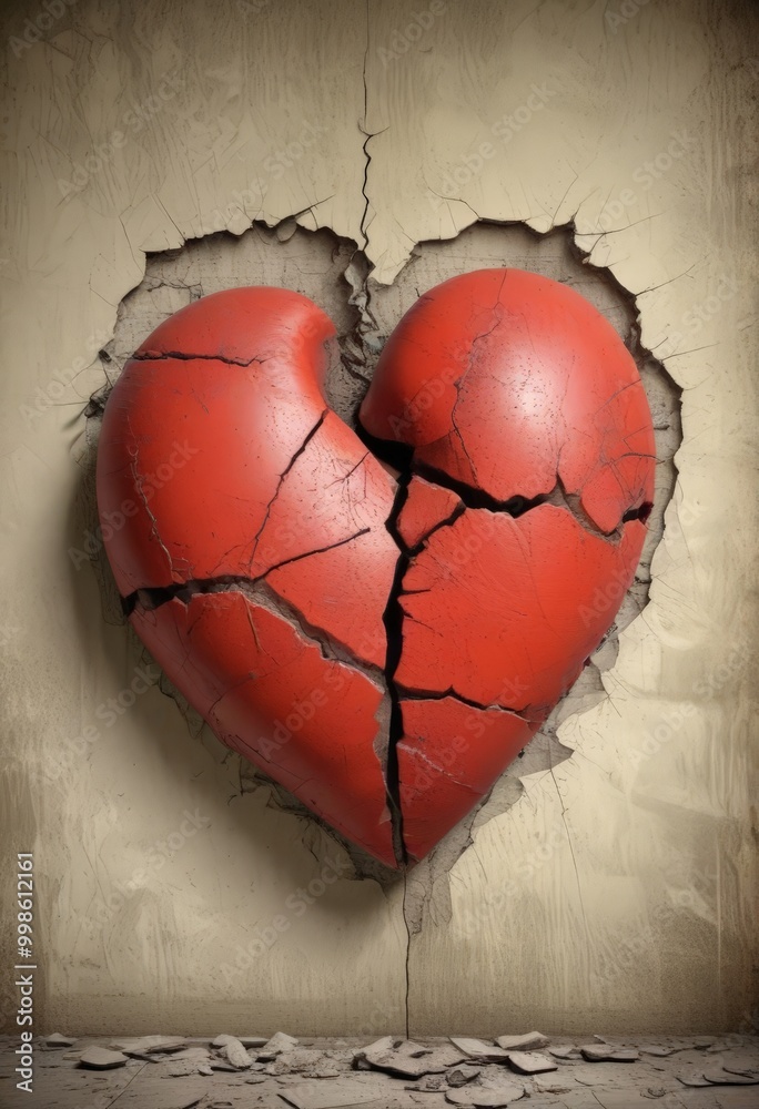 Poster a red heart-shaped object is cracked and broken, with a large hole in the center, set against a weat