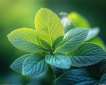 Close-up of vibrant green poleo leaves showcasing intricate textures and natural beauty in sunlight