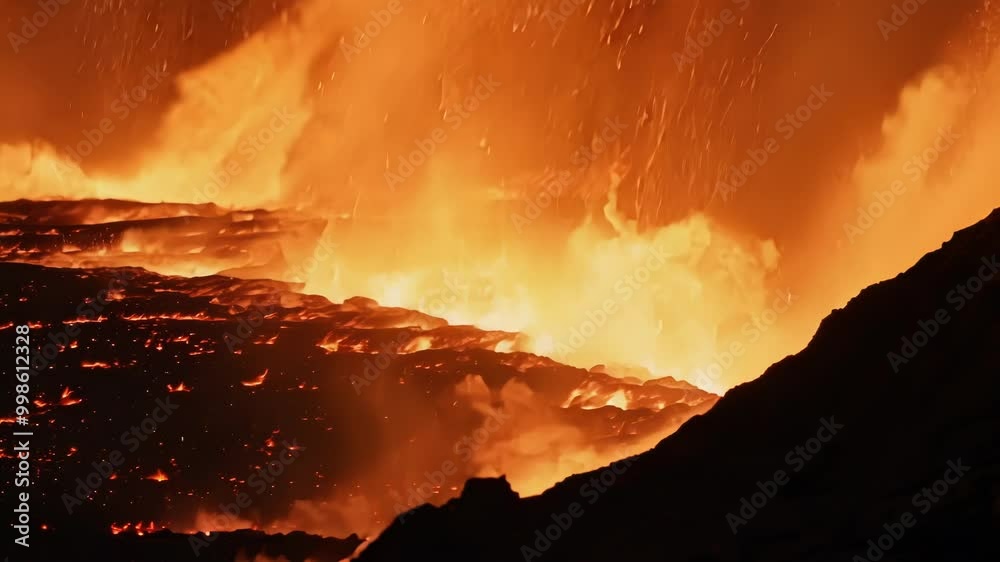 Poster Experience the mesmerizing power of a volcano erupting at night, with molten lava flowing and fiery flames illuminating the landscape in vibrant colors