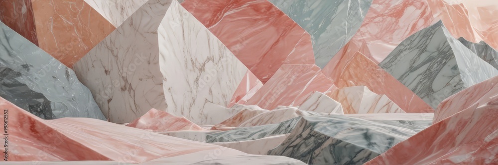 Aufkleber a surreal, abstract landscape composed of variously colored, geometric shapes resembling mountains o