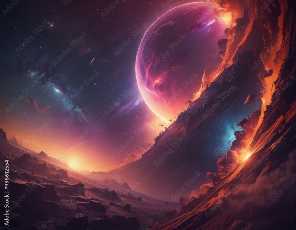 Poster a surreal, cosmic landscape with a large, glowing planet dominating the center, surrounded by smalle
