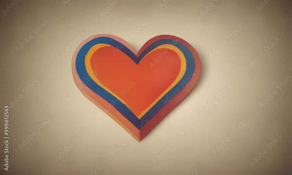 Poster a heart-shaped object with three concentric circles in red, blue, and yellow, set against a beige ba