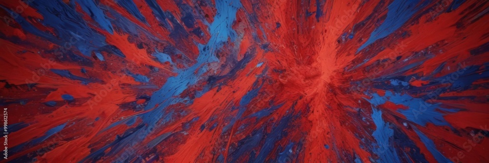 Poster a vibrant abstract painting with bold red and blue splashes, creating a dynamic and energetic composition