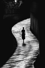 Lone man in dark forest on illuminated path creates moody, mysterious atmosphere in black and white