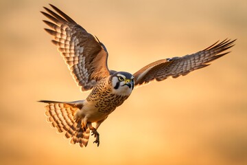Fototapeta premium A kestrel with yellow lilies on its back flying through the sky with a golden sunset, AI Generated