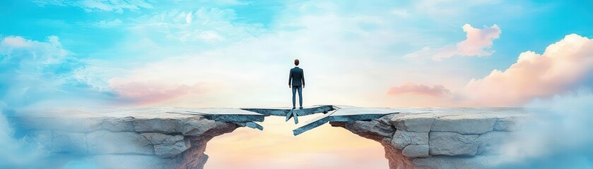 Obraz premium Person standing on a broken bridge representing an economic downturn, uncertain future, 3D illustration