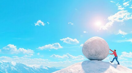 Person pushing a giant boulder uphill, symbolizing struggle during a recession, 3D illustration