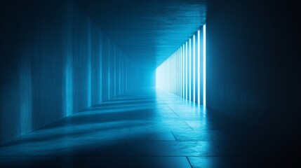 A long, narrow hallway with blue walls and blue lights