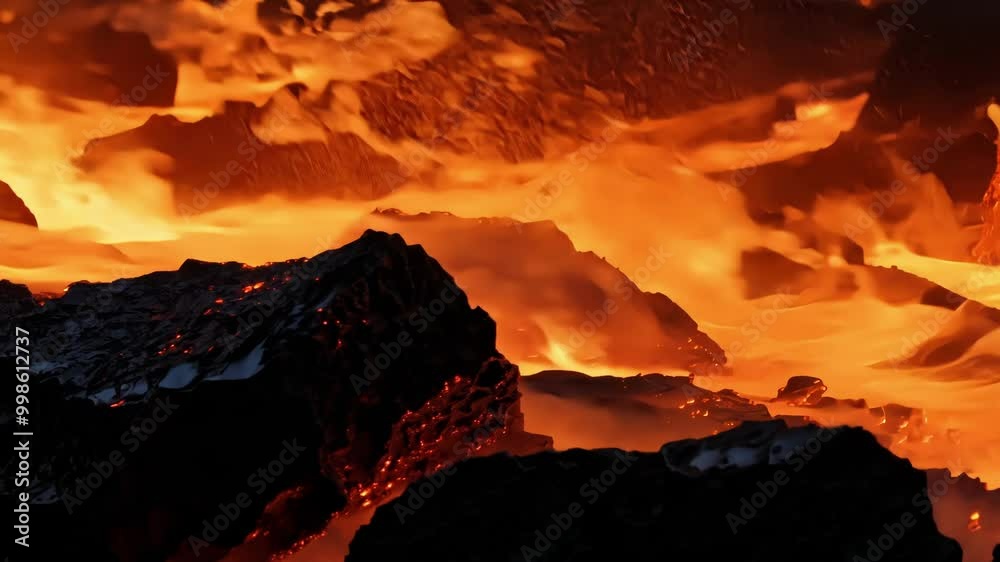 Poster orange and yellow molten lava flowing near rocks during a volcanic eruption, creating a scene of int