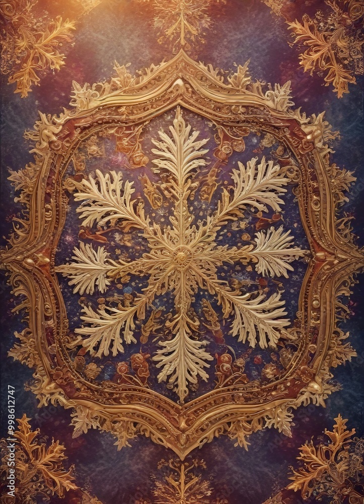 Aufkleber an ornate, symmetrical design with a central motif snowflake, surrounded by intricate gold and purpl