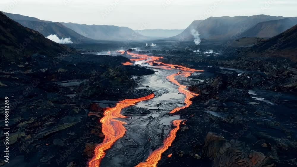 Poster Aerial view of a volcanic eruption at twilight with lava flowing downhill like a fiery river, creating a scene of both beauty and destruction