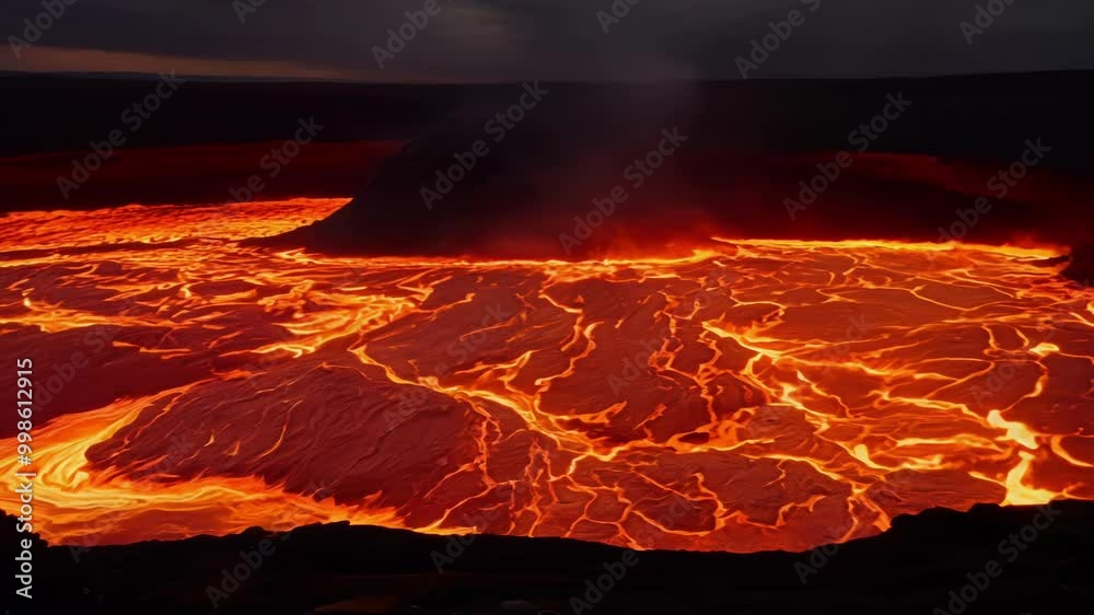 Poster Fiery lava cascading down a volcano at night, showcasing raw power and danger. Aerial view captures intense heat and force, creating a captivating yet terrifying landscape