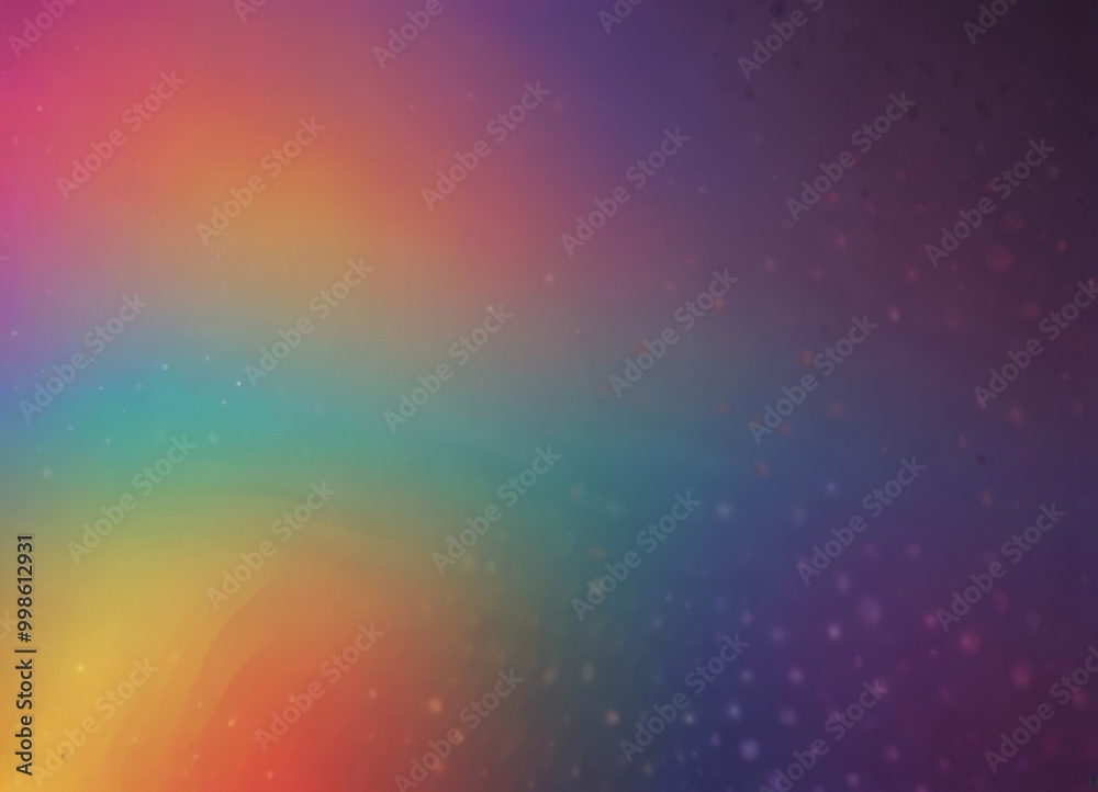 Poster a vibrant gradient background with a rainbow-like effect, transitioning from warm hues of orange and yellow to cool tones of blue and purple Small white dots are