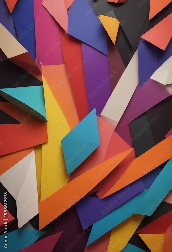 Poster a vibrant abstract composition featuring overlapping geometric shapes in a variety of bright colors, including red, orange, yellow, blue, and purple