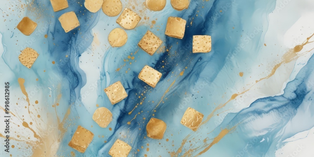 Aufkleber a collection of golden cubes scattered across a blue and white abstract background, creating a visually striking and dynamic composition