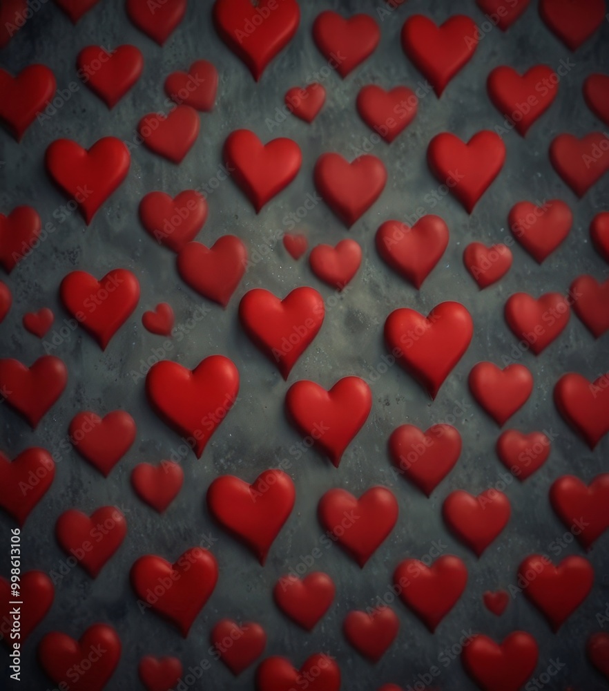 Poster A pattern of red heart-shaped objects arranged in a grid-like formation on a dark background