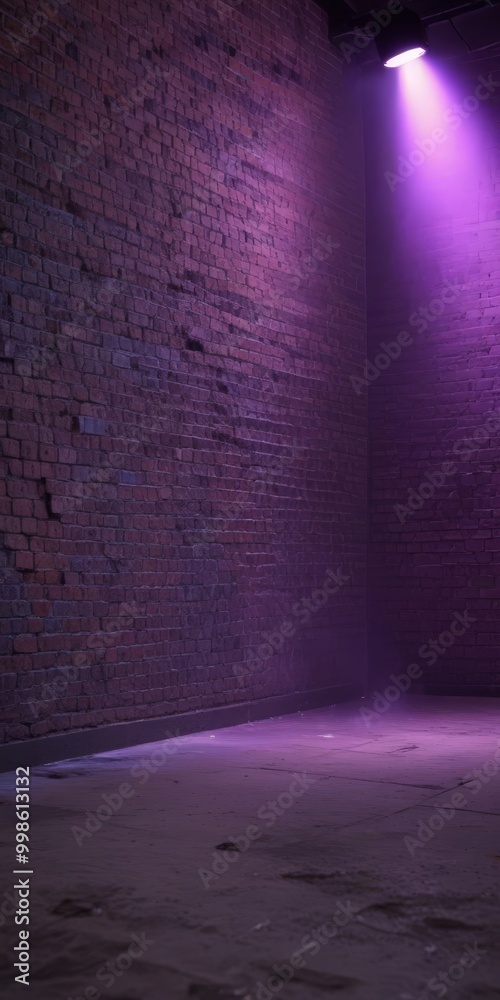 Poster a dimly lit alleyway with a brick wall on one side and a single purple light illuminating the space 