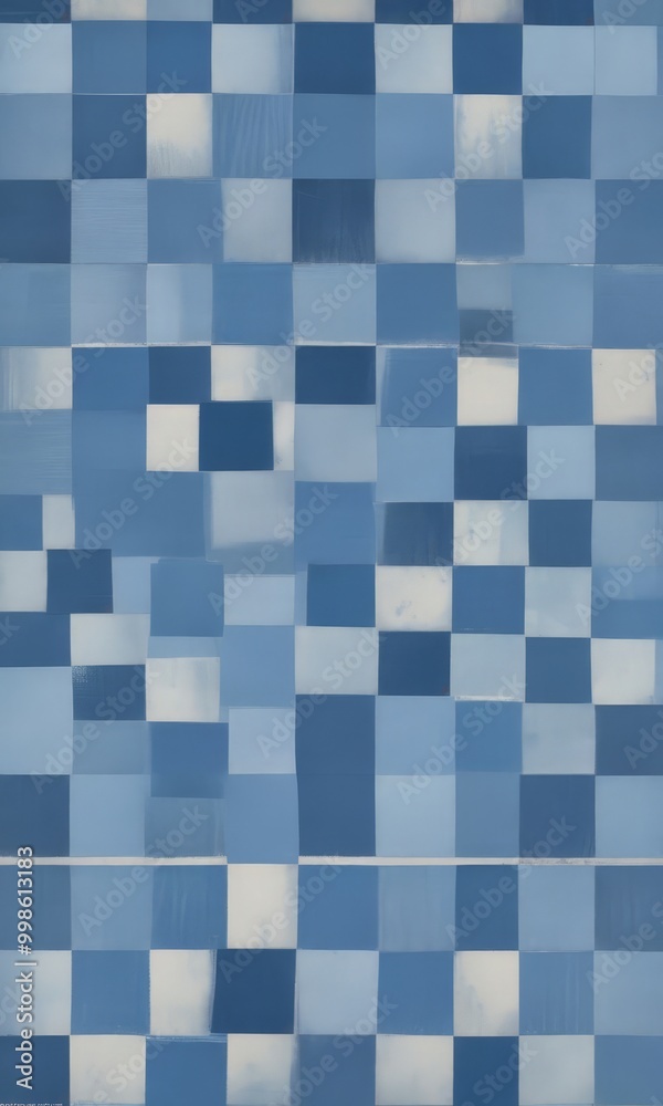 Poster an abstract painting featuring a grid-like pattern of blue and white squares, with varying shades of blue and white