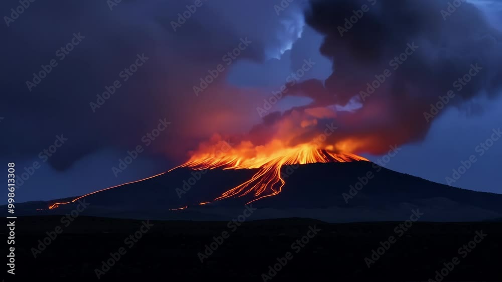 Poster Molten lava flows down an erupting volcano at night, creating a mesmerizing orange glow against the dark sky, showcasing the raw power of nature in action