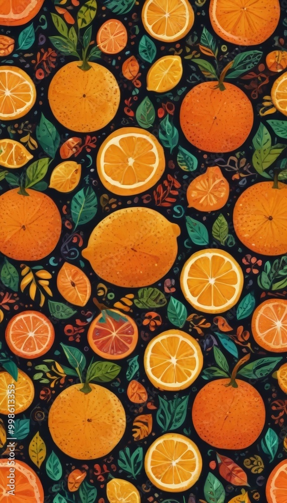 Aufkleber a vibrant and playful pattern of oranges and lemons against a dark background The oranges are depicted in various sizes and positions, with some overlapping and others