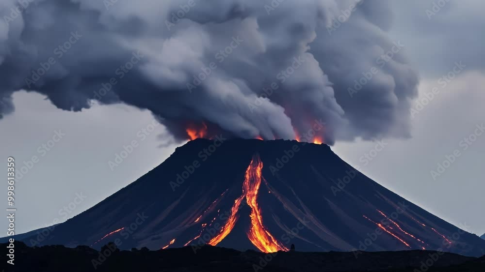 Poster Large active volcano erupting at dusk with glowing orange lava flowing down the side and a large ash plume filling the sky
