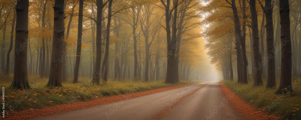Leinwandbilder a foggy forest path lined with tall trees and yellow leaves, creating a serene and atmospheric scene