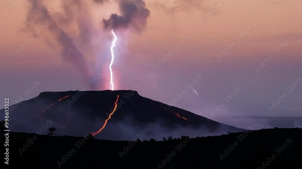 Poster Lightning bolt strikes a erupting volcano. Spewing lava into the twilight sky. Showcasing nature's raw power and beauty in a dangerous scene dominated by a fiery mountain in shades of red and orange
